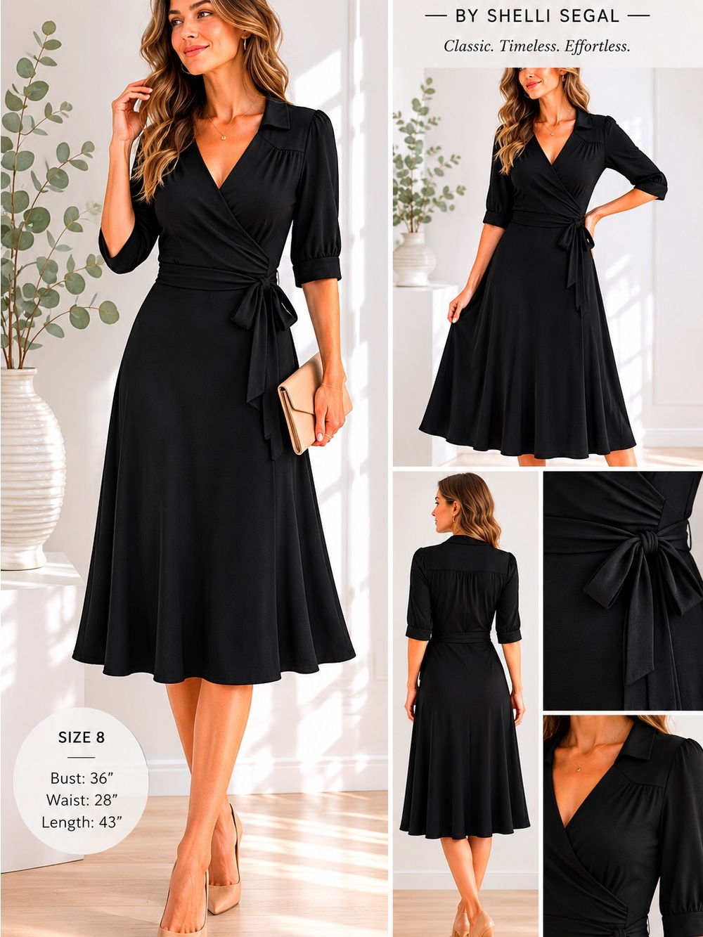 Laundry by Shelli Segal Black Midi Dress Wrap V Neck Tie Waist Size 8 - Picture 8 of 11